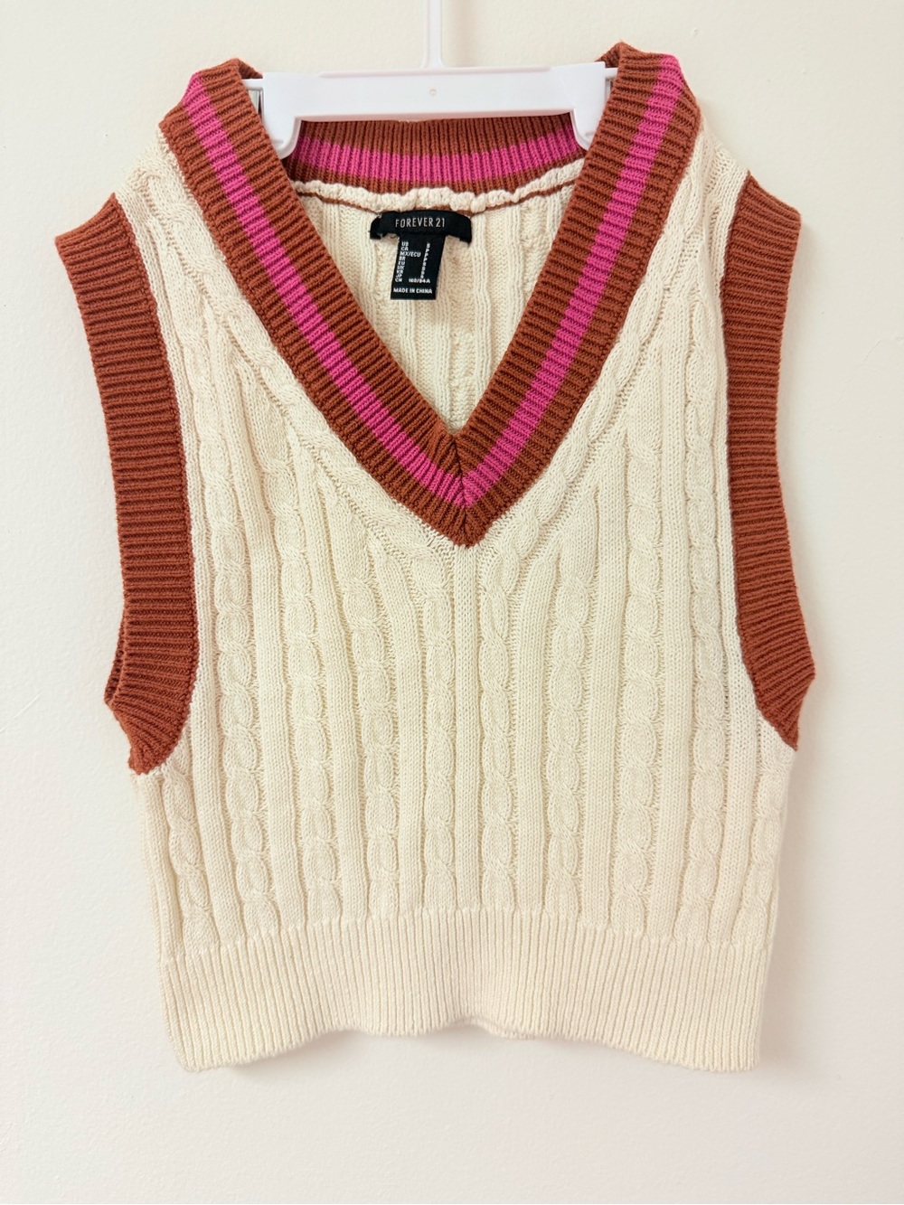Forever 21 Cream Cable Knit V-Neck Sweater Vest with Rust & Pink Stripes